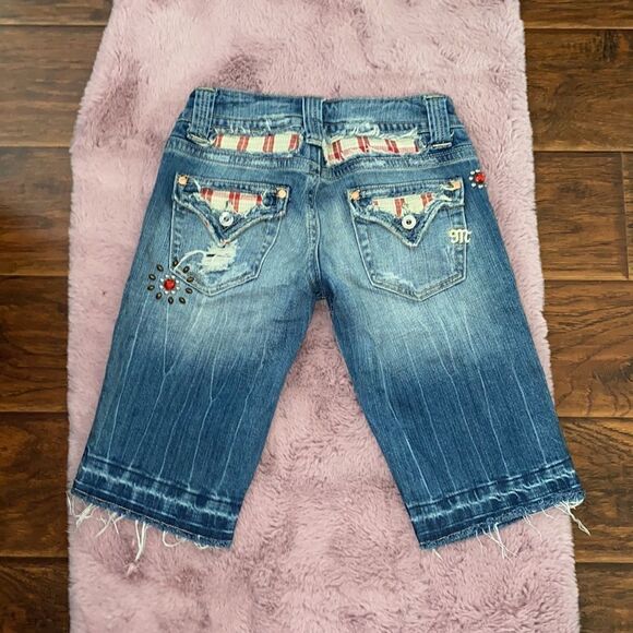 Miss Me Embellished Blue Denim Distressed Print Design Shorts Boho - Picture 4 of 14